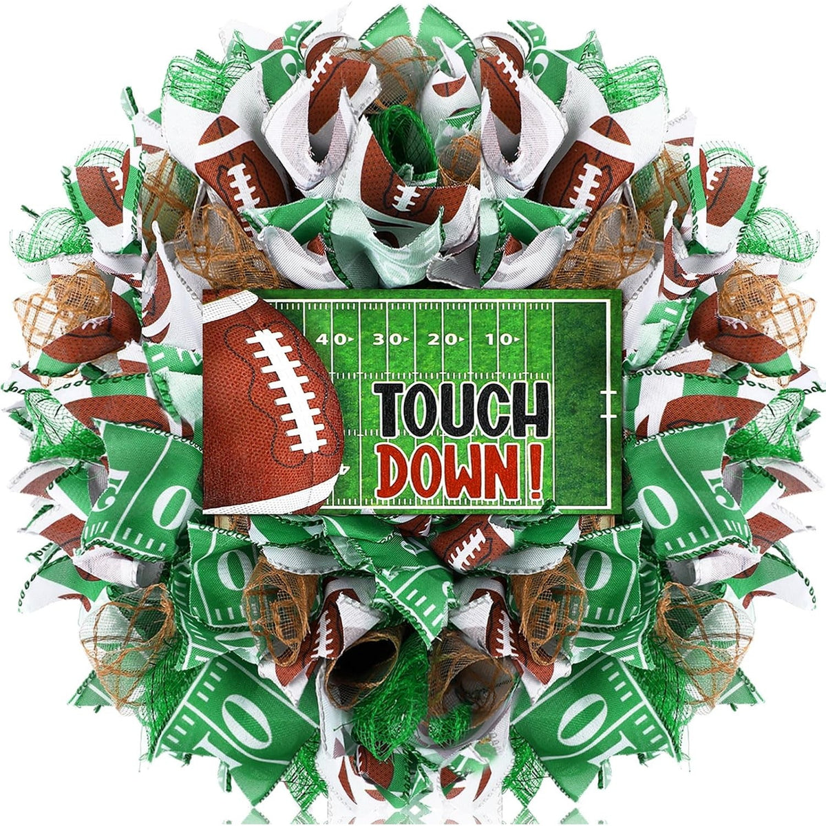 Football Wreath, 16 Inch Touch Down Green Wreath for Front Door
