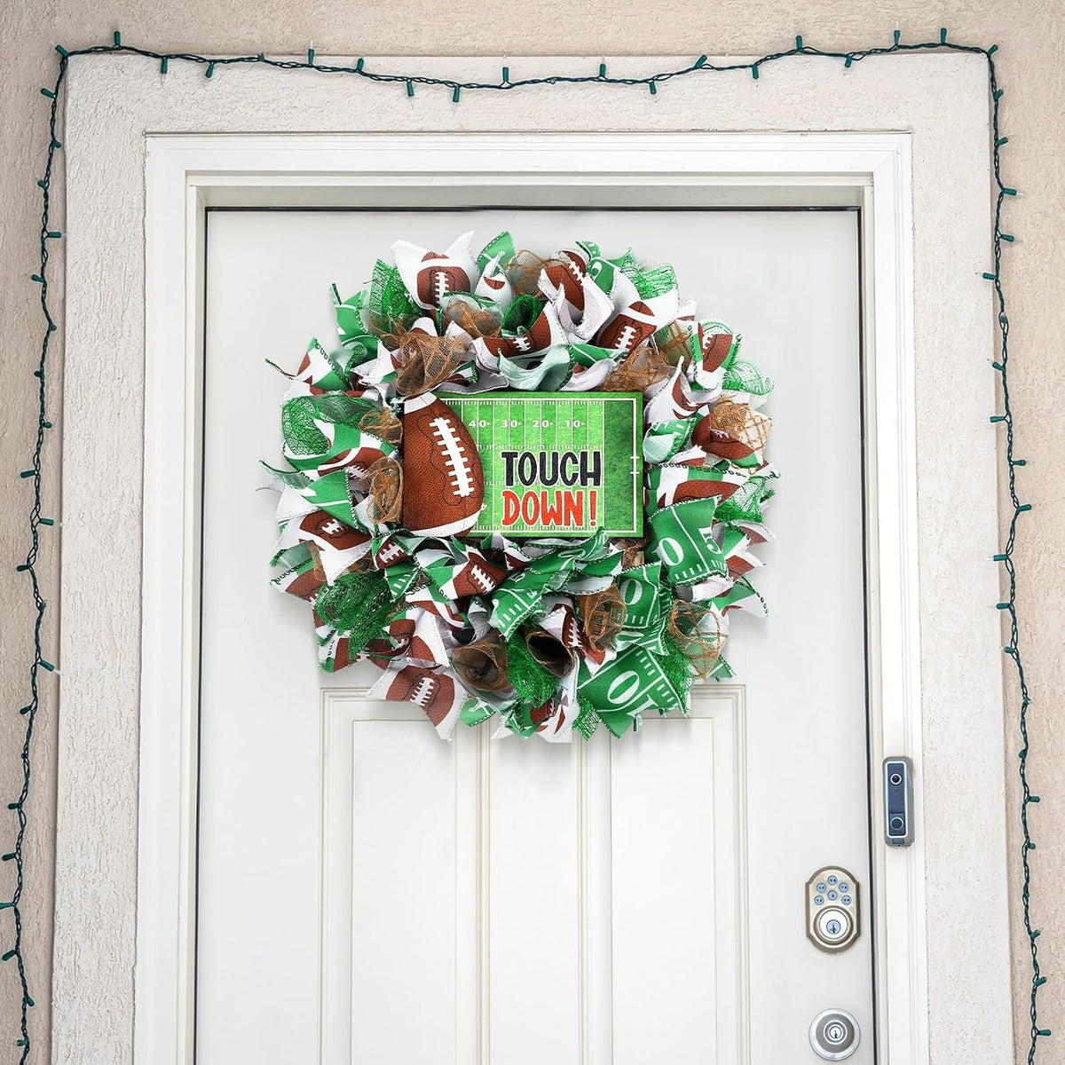 Football Wreath, 16 Inch Touch Down Green Wreath for Front Door