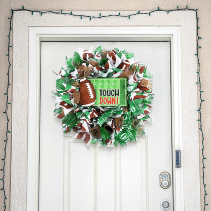 Football Wreath, 16 Inch Touch Down Green Wreath for Front Door
