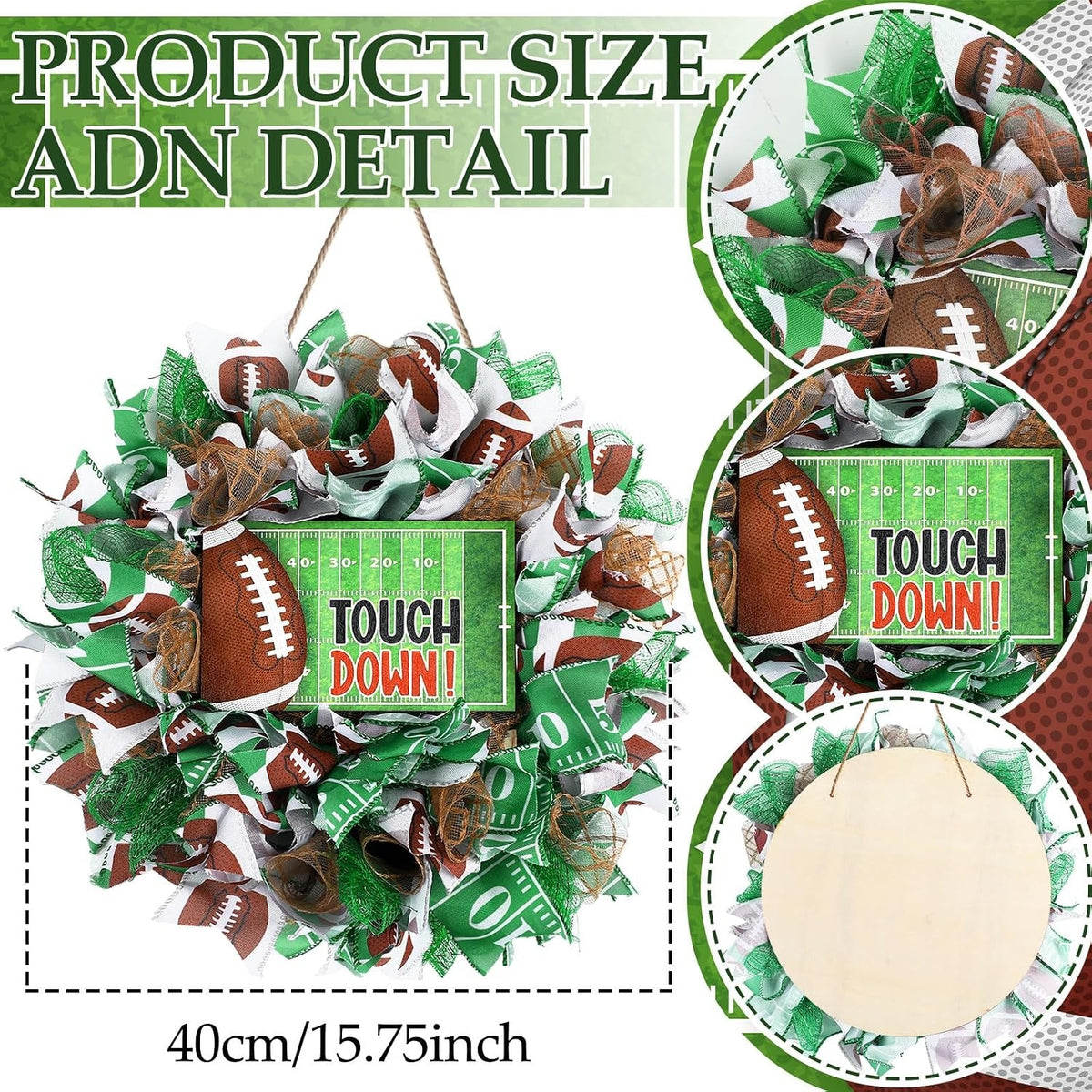 Football Wreath, 16 Inch Touch Down Green Wreath for Front Door